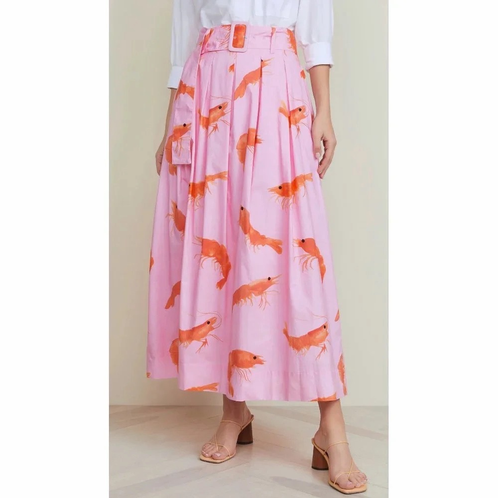 Rachel Antonoff Vinita Midi Skirt Pleated Pink Shrimp Prawn Print Animal Belt 0